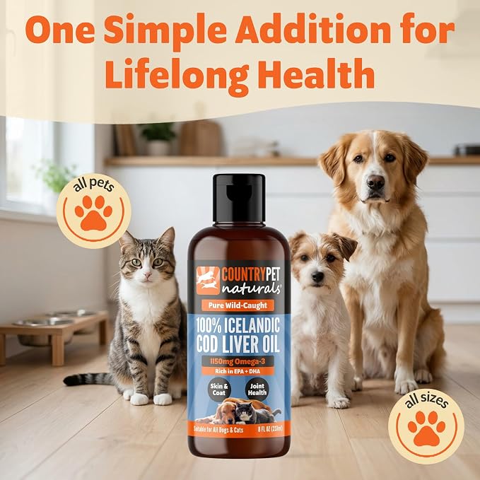 Wild-Caught Pure Icelandic Cod Liver Oil for Dogs & Cats,1150 mg Omega-3 per TSP, High EPA & DHA, Natural Vitamins A & D, Supports Healthy Skin & Coat & Mobility, Single-Ingredient, 100% Pure