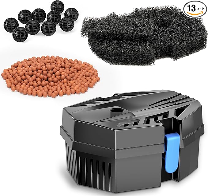 POPOSOAP Pond Filter for Outdoor Ponds, Small Filter Box with Filter Pads, 10 Bio-Balls & Ceramic Rings for Outdoor Pond Pump Submersible Fountain Pump