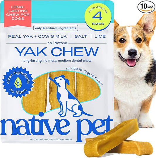 Native Pet Yak Cheese Himalayan Dog Chews - Long Lasting Dental Sticks for Medium Breeds – 100% All Natural Himalayan Yak Chews for Medium Dogs – Cheese Bone for Aggressive Chewers - 10 Per Pack