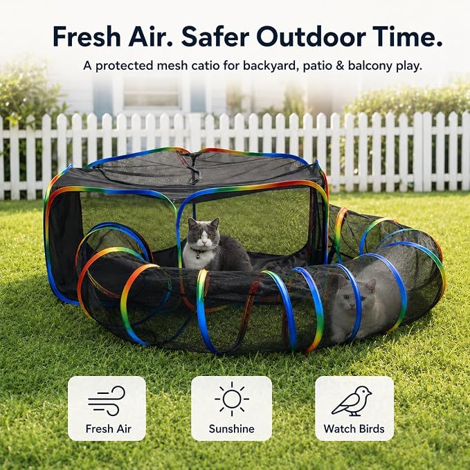Portable Cat Enclosure - 2-in-1 Outdoor Catio with Tent & Tunnel, Foldable Playpen for Indoor Cats, Includes Storage Bag for Cats & Small Animals Rainbow Color