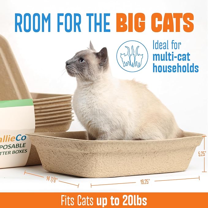 CallieCo Disposable Cat Litter Boxes - Portable Biodegradable Travel Litter Box for Cats, Sturdy and Durable Kitty Poo Box, Leak-Resistant Cat Tray Liners, Easy-Grip Rim, Jumbo - 8 Pack