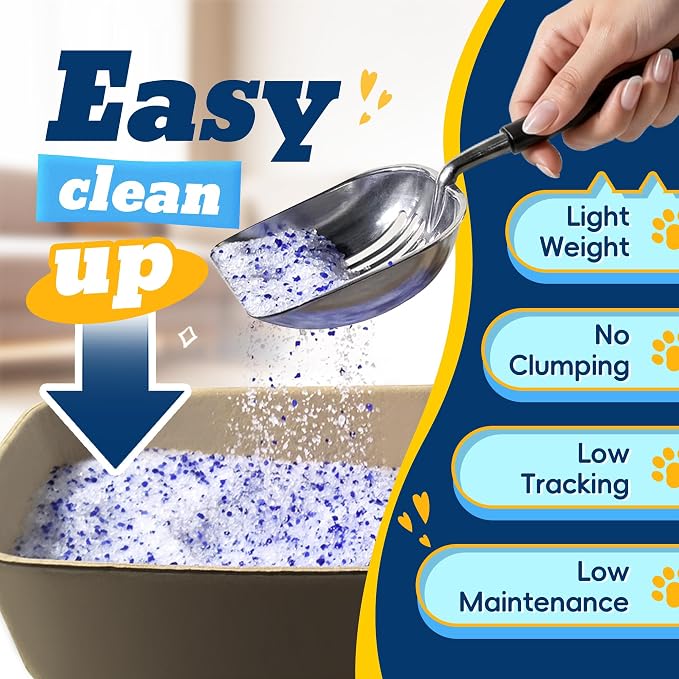 LMJP Crystal Cat Litter with Powerful Odor Control, Non-Clumping, Lasts Up to 4 Months, 17.2lb, Rapid Water Absorption, Unscented & Low Tracking Lightweight Blue & White Silica, 4 Pack of 4.3lb