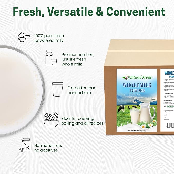 Z Natural Foods Premium Whole Milk Powder - Powdered Milk for Baking, Cooking, Drinks - Dry Milk Powder, Pasteurized, Non-GMO, Gluten-Free, Kosher-Certified, 55 lbs