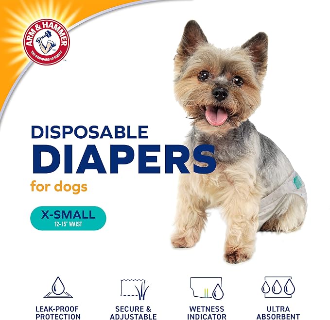 Arm & Hammer for Pets Disposable Female Dog Diapers with Odor Control and Wetness Indicator, Leak Resistant Dog Diapers for Incontinence and Heat Cycles, Size X-Small 12–15 in Waist, 12 Count