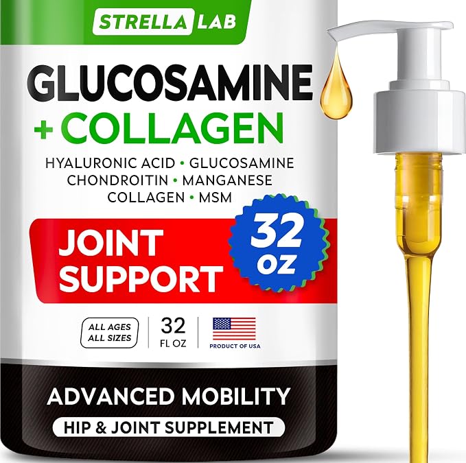 STRELLALAB Liquid Glucosamine for Dogs 32 OZ - Joint Support - All-Natural Hip & Joint Supplement, Glucosamine Chondroitin Liquid, MSM & Collagen for Dogs Mobility, Joint Pain Relief (Pack of 2 16oz)