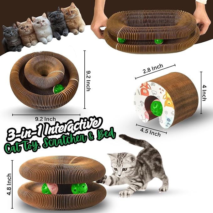 Kitty Kurlz Cat Scratcher Toy - Reversible Magic Organ Foldable Accordion Honeycomb Cardboard Scratching Board with Bell Ball, Interactive Anxiety Relief Exercise Toy for Indoor Cats (2PCS)
