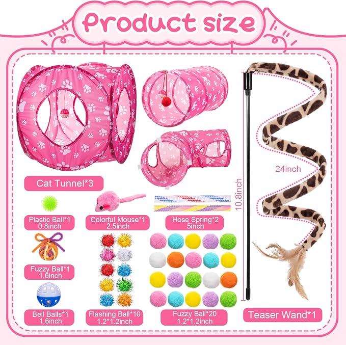 Leitee 40 Pcs Cat Toys Kitten Toys Assortments, Variety Toy Set Including 3 Pink Cat Paws Way Tunnel, Cats Feather Teaser, Fuzzy Mice, Crinkly Ball, Springs, Colorful Balls and Bells for Indoor Pet