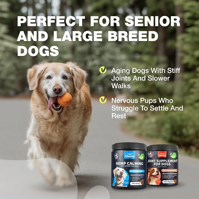 Calming & Hip Joint Support Chews for Dogs – Glucosamine Bundle for Senior & Active Dogs, Helps Maintain Calm Demeanor, Hip & Joint Comfort