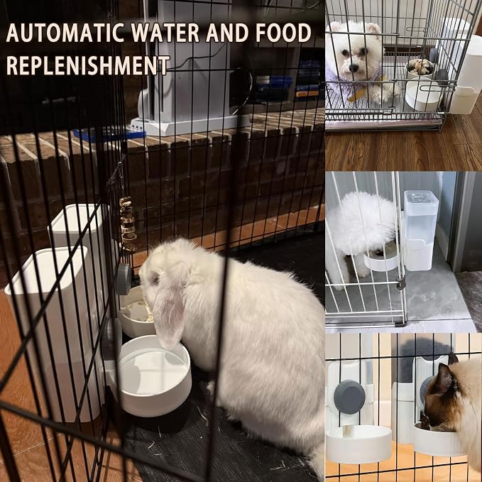 kathson Hanging Automatic Pet Food and Water Dispenser,Gravity Auto Rabbit Feeder for Cage,Guinea Pig Feeder and Waterer Set,Cat Food Bowl Dog Feeding Station for Bunny,Ferret,Chinchilla (Grey)