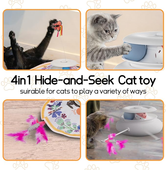 4-in-1 Interactive Cat Toy ，Auto Flutter Toy,Sensor Automatic Hide & Seek, USB Rechargeable 6 Modes for Indoor Cats Exercise Boredom Relief, Multi-Color Options
