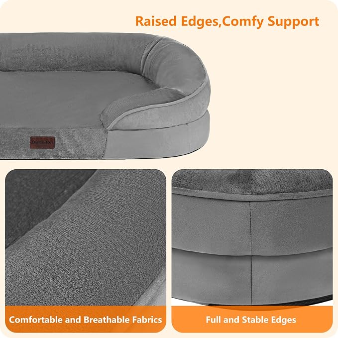 Dwanton Orthopedic Dog Bed for Large Dogs with Gel Memory Foam, Waterproof Dog Sofa, Washable Pet Bed with Four Sided Bolster Cushion, Removable Cover & Non-Slip Bottom, 42", Medium Grey