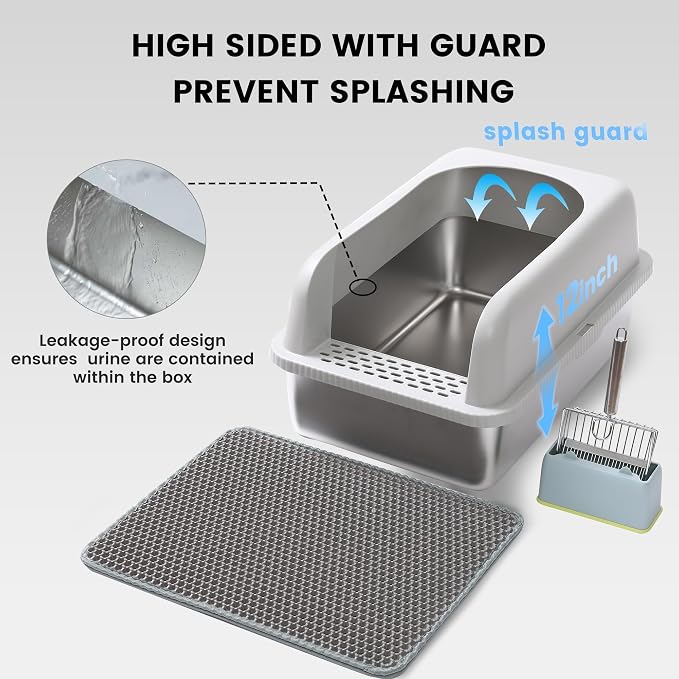 Stainless Steel XL Cat Litter Box for Big Cats- Metal Extra Large Litter Box with Lid, Include Metal Litter Scoop,Mat. High Sided with Guard Prevent Splashing. No Smell, Always New After Clean.