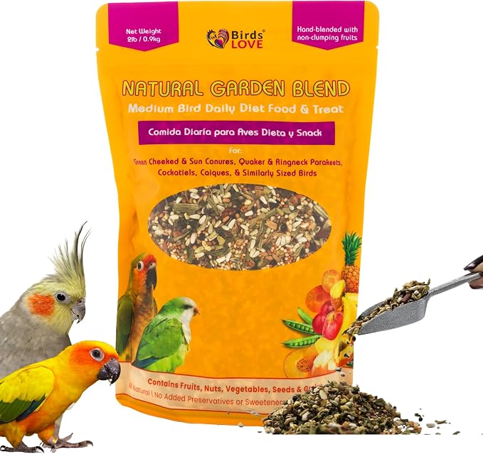 Birds LOVE All Natural Garden Blend Bird Food for Medium Birds, 2 lb, Fruit, Nut, Vegetable & Seed Mix for Cockatiels, Conures, Ringneck Parakeets & Small Quakers, Resealable Freshness Bag