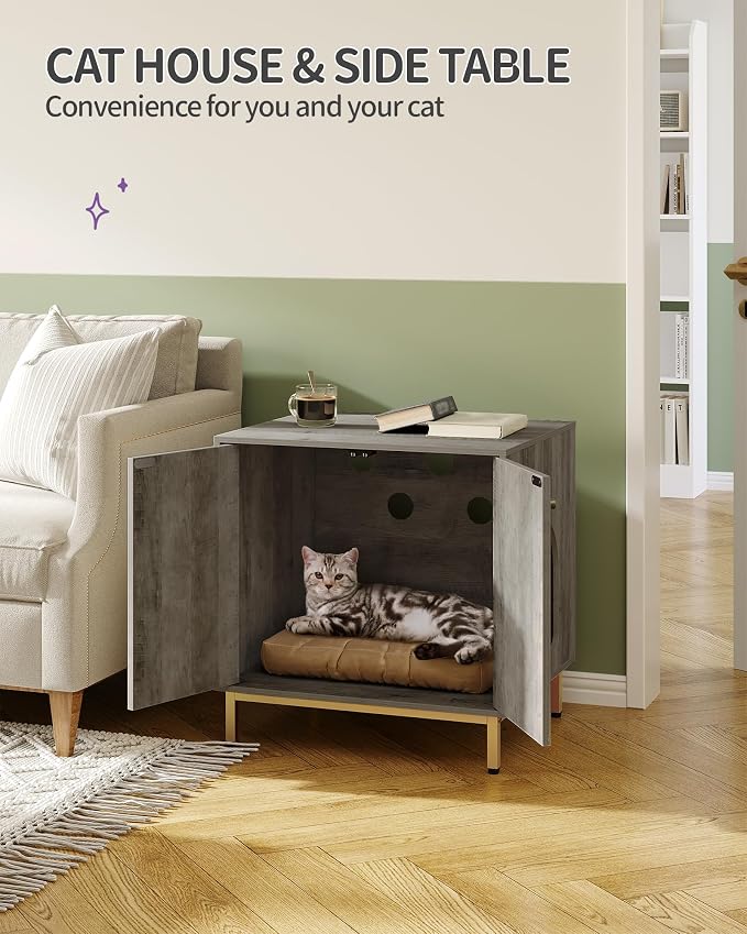 Hzuaneri Cat Litter Box Enclosure, Hidden Litter Box Furniture Cabinet, Wooden Indoor Cat House, Side End Table, Living Room, Bedroom, Greige and Gold CB81205G