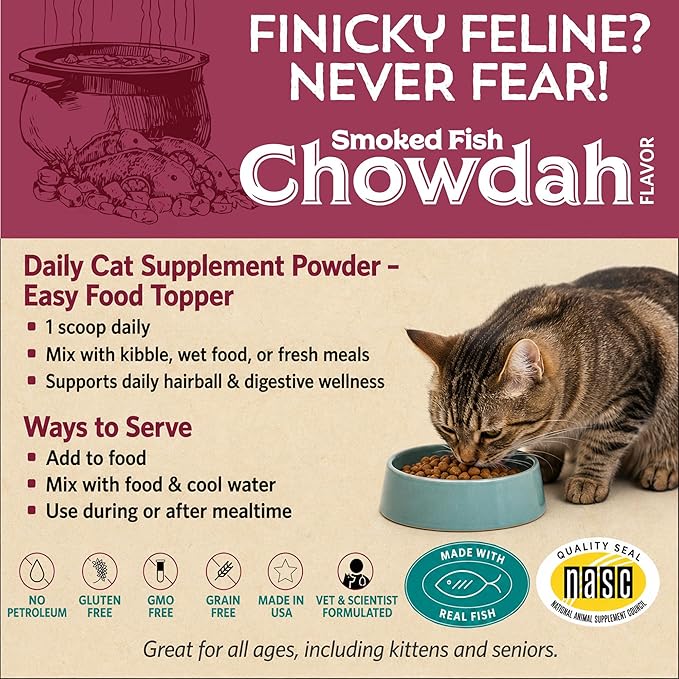 Hairball Buster Powder for Cats, Cat Hairball Treatment with Probiotics, Fiber & Omega 3, Digestive Support, Smoked Fish Flavor, 2 Billion CFU, 30 Servings - Pack of 2