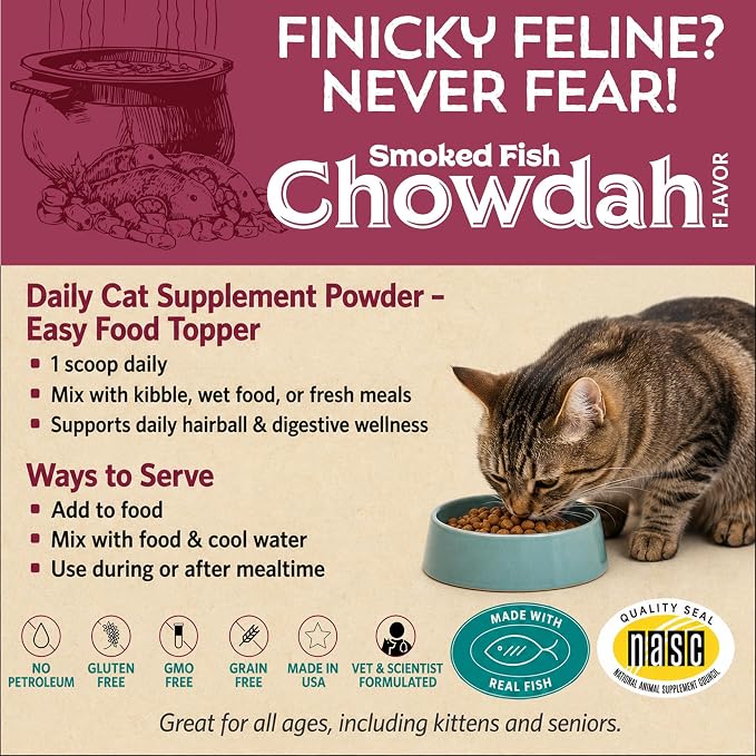 Hairball Buster Powder for Cats, Cat Hairball Treatment with Probiotics, Fiber & Omega 3, Digestive Support, Smoked Fish Flavor, 2 Billion CFU, 30 Servings