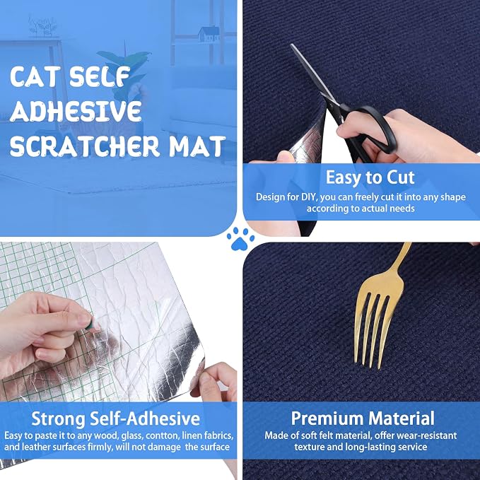 Climbing Cat Scratcher Mat Trimmable Cat Scratching Post Carpet 78.7’’x15.8’’ Self Adhesive Carpet Mat Pad Replacement for Cat Tree Shelves Post Couch Wall Furniture Steps DIY Protector (Dark Blue)