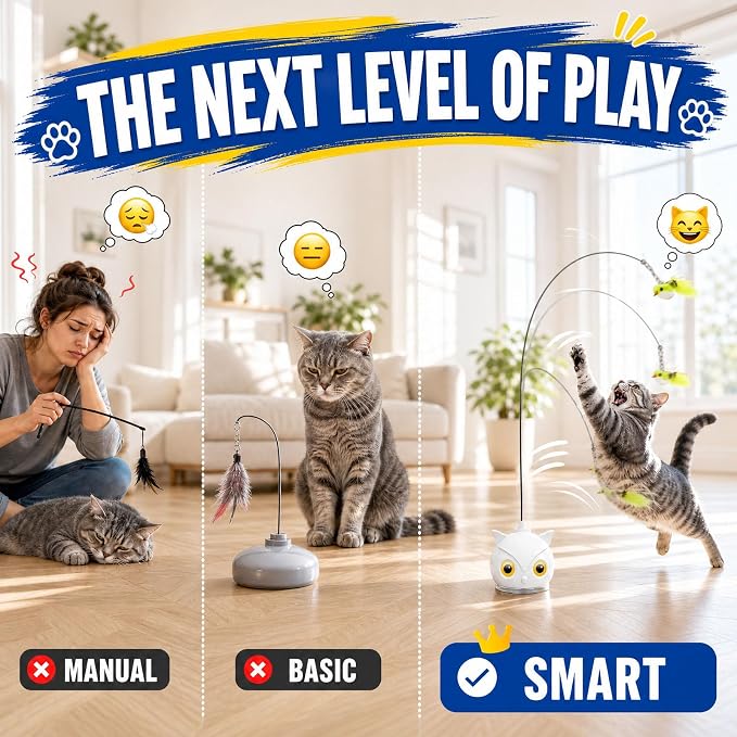 Interactive Cat Toys for Indoor Cats - Automatic Flying Bird Feather Toy with Sticky Suction Base, USB Rechargeable 360° Electric Cat Teaser, Touch Activated Self-Play Toy for Bored Cats