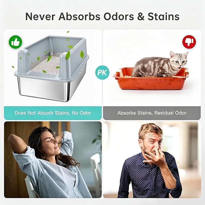 WoofiGo Stainless Steel Cat Litter Box with Lid, XL Extra Large Metal Kitty Litter Box Enclosed for Big Cats, High Sided, Anti-Urine Leakage, Non-Stick Bottom, Include Litter Mat & Metal Scoop (Gray)