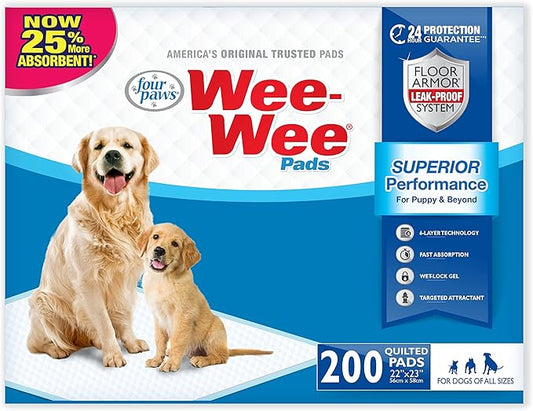 Four Paws Wee-Wee Superior Performance Unscented Puppy Pee Pads for Dogs & Puppies, Quilted Leak-Proof Dog Housebreaking Potty Training Floor Protection, Pet Supplies, 22" x 23", 200 Count