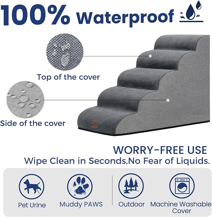 GoGoBunny Ramp Dog Stairs for High Beds 24.4" H, 5-Step Extra Wide Dog Slope Stairs with Durable Waterproof Fabric Cover, Pet Steps for Old Large Dogs Climbing, Non-Slip Sturdy Indoor Step, Grey