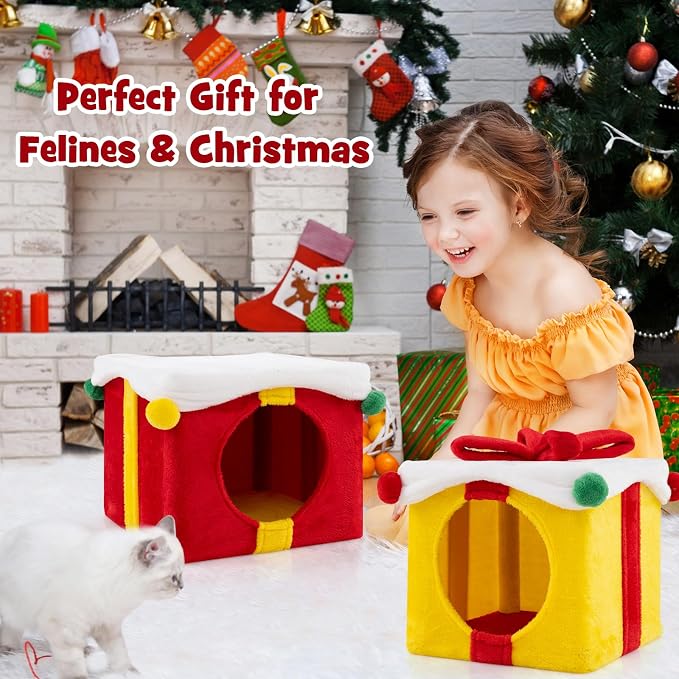 PETSITE Christmas-Themed Gift Box-Shaped Cat House, Stackable 2-Piece Indoor Cat Caves for Kittens, Colorful 2-Story Cat Hideaway Cat Bed for Indoor Cats