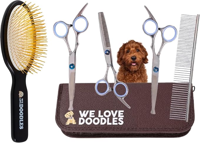 We Love Doodles Rounder Tips Dog Grooming Scissors Kit & Pin Dog Brush - Straight, Curved & Thinning Shear Professional Grade Steel, Dog Brush for Shedding and Removing Loose Fur