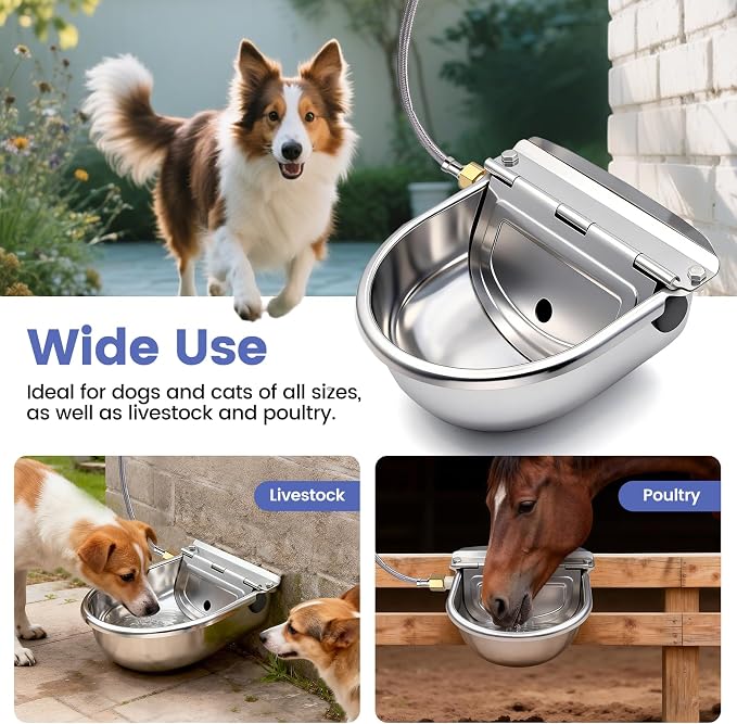 Automatic Dog Water Bowl Dispenser Outdoor, Water Dispenser for Dogs Cats, 304 Stainless Steel Waterer for Large Dogs Chicken Duck Pig Cow Goat, Wall Mountable, with Drainage Hole