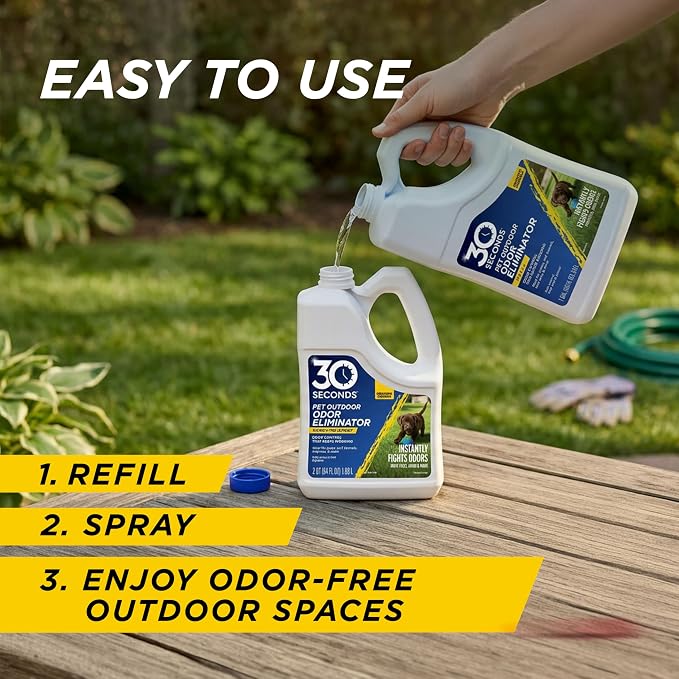 30 Seconds Outdoor Odor Eliminator for Pets, Dogs, For Grass, Turf, Lawns, Kennels & Dog runs, Enzyme Cleaner Hose Sprayer with Concentrate Refill (64 Oz Hose End Sprayer & 1 Gallon Refill Bottle)
