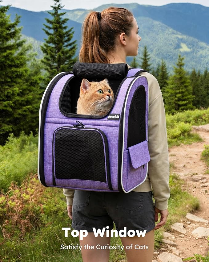 Pecute Cat Backpack Carrier Expandable, Pet Backpack for Cats & Small Dogs Up to 11lbs, with 4-Side Breathable Mesh, Multi-Entry & Lockable Zippers for Travel, Hiking, Camping - Hands Free, Purple