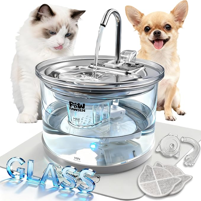 70oz Glass Cat Water Fountain – Ultra-Quiet for Cats & Small Dogs | 3-Stage Filter, 3 Spray Heads + LED Light, Stainless Steel Top, Dishwasher-Safe Glass Bowl, Easy-Clean Design