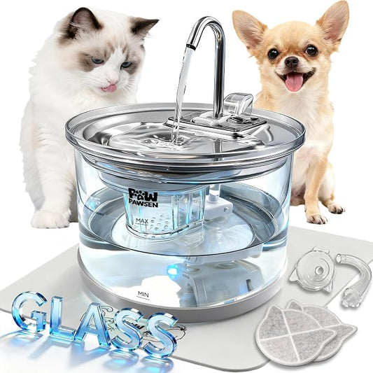 70oz Glass Cat Water Fountain – Ultra-Quiet for Cats & Small Dogs | 3-Stage Filter, 3 Spray Heads + LED Light, Stainless Steel Top, Dishwasher-Safe Glass Bowl, Easy-Clean Design