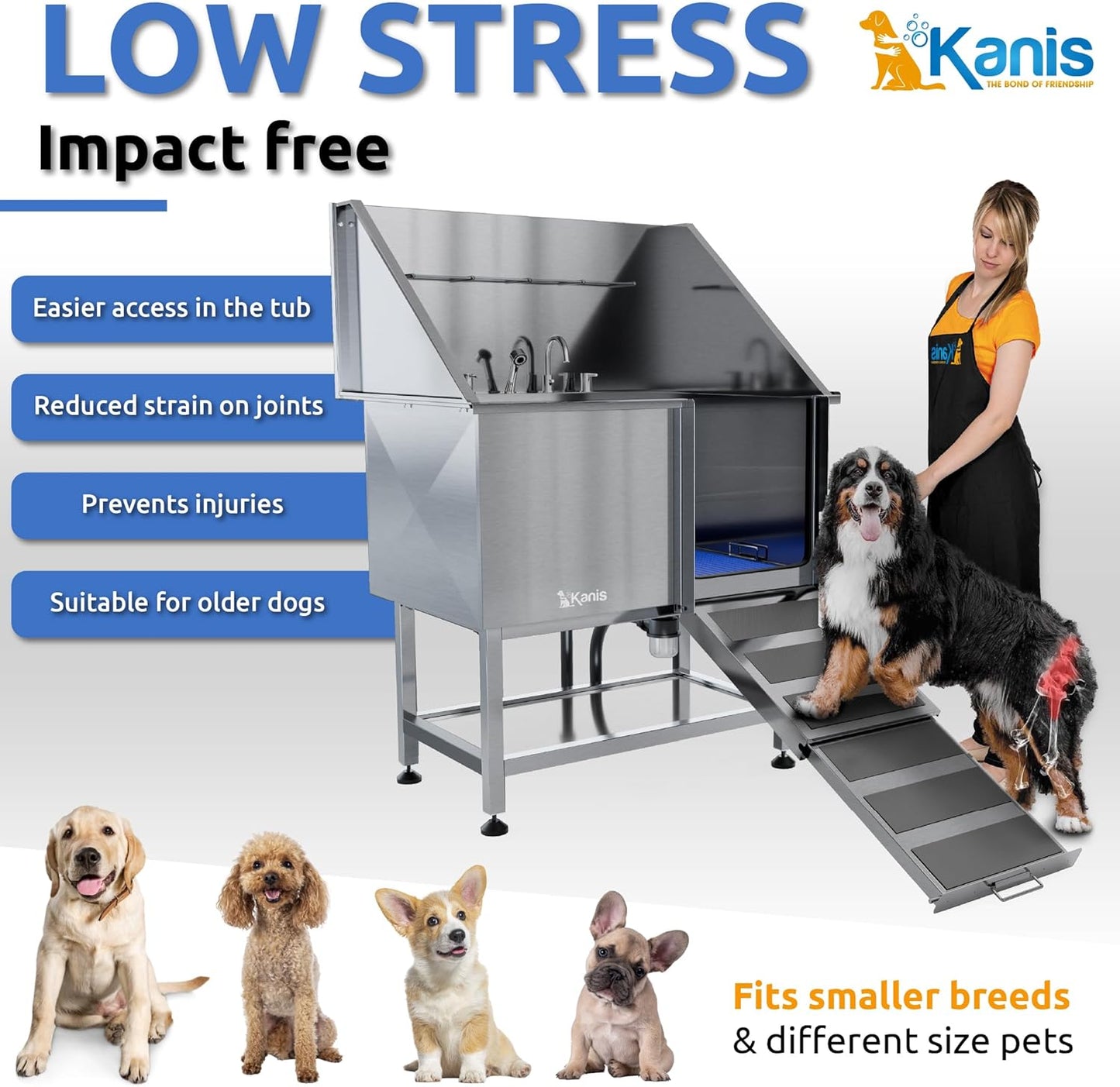 KANIS Professional Dog Washing Station - 304 Stainless Steel Pet Wash Sink & Grooming Bath Tub for Home with Ramp, Shower, Floor Grate, Storage Shelf, Faucet, Drain Kit for Large, Medium & Small Pets