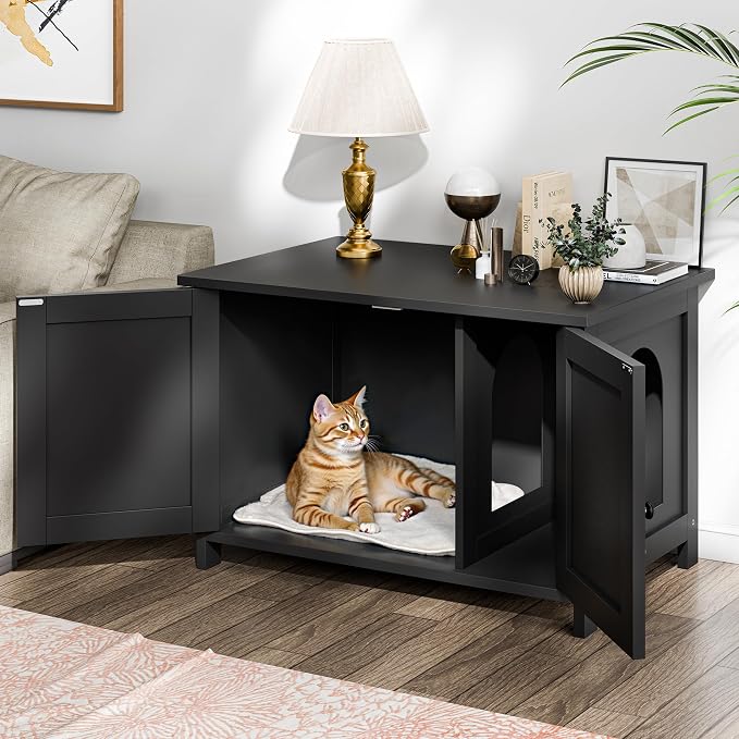 Shintenchi Cat Litter Box Enclosure, Litter Box Furniture Cabinet Hidden with Removable Divider, Wooden Cat House with End Table, Black, 31.5 inch