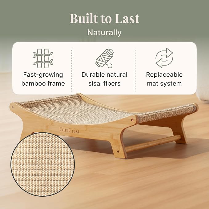 XL Cat Scratcher Bed + Replacement Sisal Pad Bundle – Elevated Cat Hammock Lounge, FSC Bamboo Frame, Natural Sisal Cat Scratcher for Indoor Cats, No-Wobble, Large Cat Bed, Natural Grey
