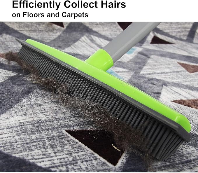 LandHope Push Broom Long Handle Rubber Bristles Sweeper Squeegee Edge 59 inches Non Scratch Bristle Broom for Pet Cat Dog Hair Carpet Hardwood Tile Windows Clean Water Resistant (Multi Segment Handle)
