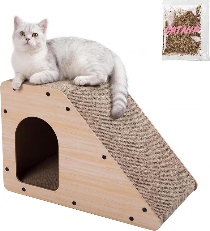 Kento 23.63" Modern Cardboard Cat Cave Scratcher with Catnip, Angled Trapezoid Hideaway House and Scratching Lounge for Indoor Cats, Oak Wood Finish CSR1008I