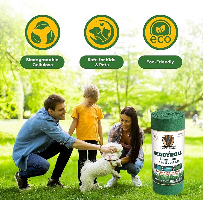 PetraMax ReadyRoll Biodegradable Grass Seed Mats for Lawns - Roll Out Mat with Tall Fescue & Kentucky Blue Grass Seeds for Lawn - Great Patch Repair, New Lawn or Erosion Control (Kentucky, 216 Sq Ft)