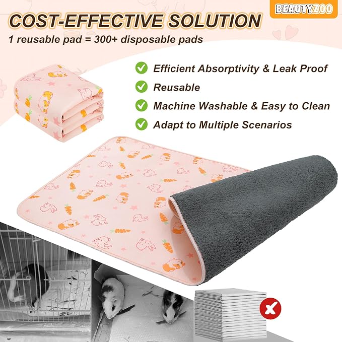 BEAUTYZOO 4 Pack Guinea Pig Cage Liners, Washable Reversible Fleece Guinea Pig Bedding, Waterproof Super Absorbent Pee Pads for Small Animals Rabbit Hamster Bunny - 12"x12" Pink