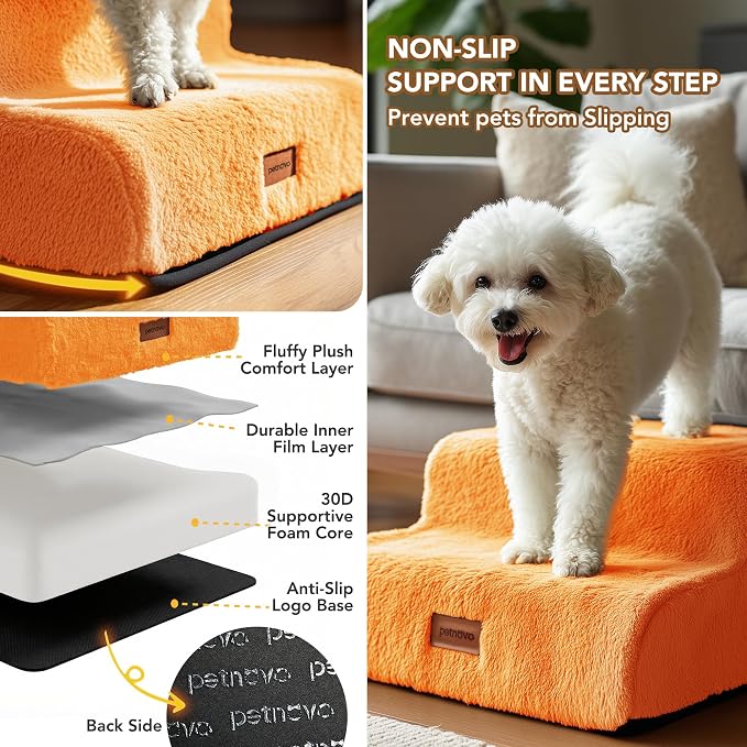 PETNOVO Ultra-Soft Faux Fur Dog Stairs for Bed and Couch, 3-Step Dog Steps for Small Dogs, Non-Slip Foam Pet Stairs, Washable Cover, 15.7" D x 22.4" W x 15.7" H, Orange