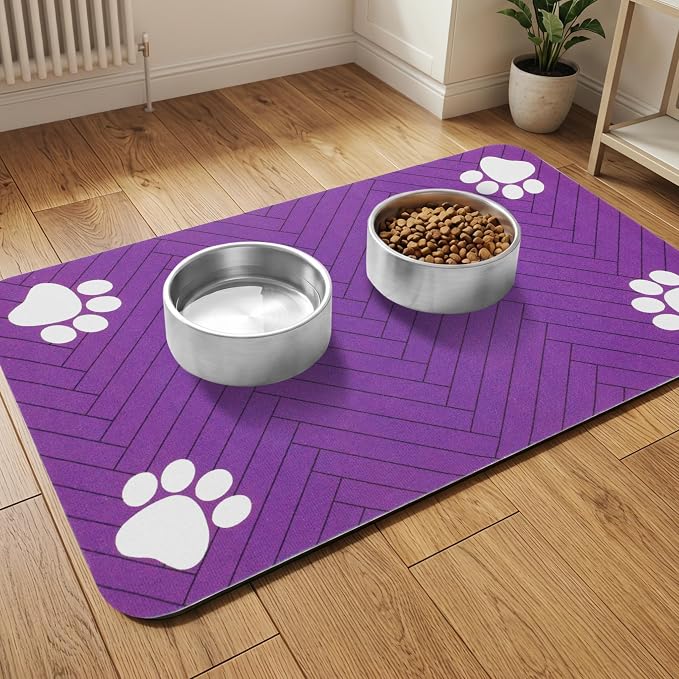 Pet Feeding Mat-Absorbent Dog Feeding Mat for Food and Water Bowl,No Stains Pet Placemat,Quick Drying Water Dispenser Mat for Dog and Cat,Easy to Clean Dog Accessories(M,Purple)