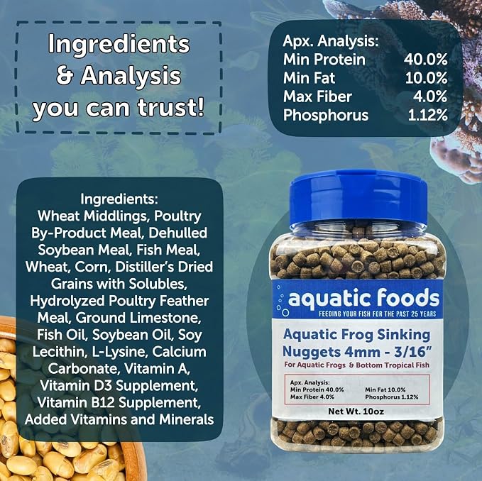 Aquatic Frog 4mm Sinking 40% Protein Nuggets. Ideal for All Frogs and Bottom Tropical Fish…2-lbs Jar