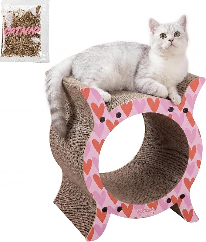 Nyan 16.5" Modern Cardboard Tunnel Cat Scratcher House with Catnip, Corrugated Indoor Cat Hideaway Den, Heart Pattern Scratching Surface for All Cats CSR1007C