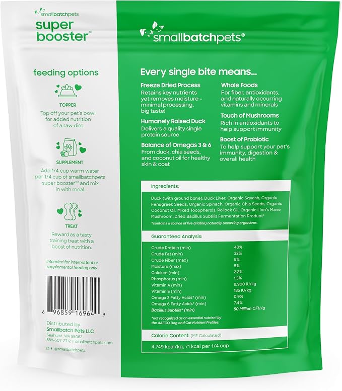 smallbatch Freeze Dried Dog Treats, Superfood Food Topper Duck Bites for Dogs & Cats, Probiotics, Organic Ingredients, High Protein, Grain Free Healthy Treat or Food Topper, Made in the USA, 7 oz Bag