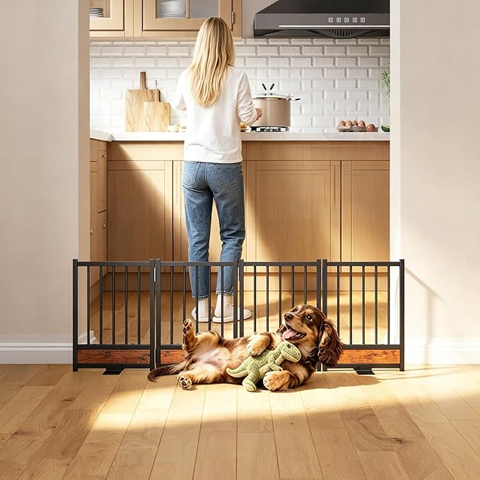 Dog Gate for Small Dogs, 15.7" Short No Drill Foldable Reinforced Base Pet Fence, Heavy Duty Step-Over Doorway Puppy Barrier, Anti-Tip Metal Frame, Supports 200+ lbs, Black