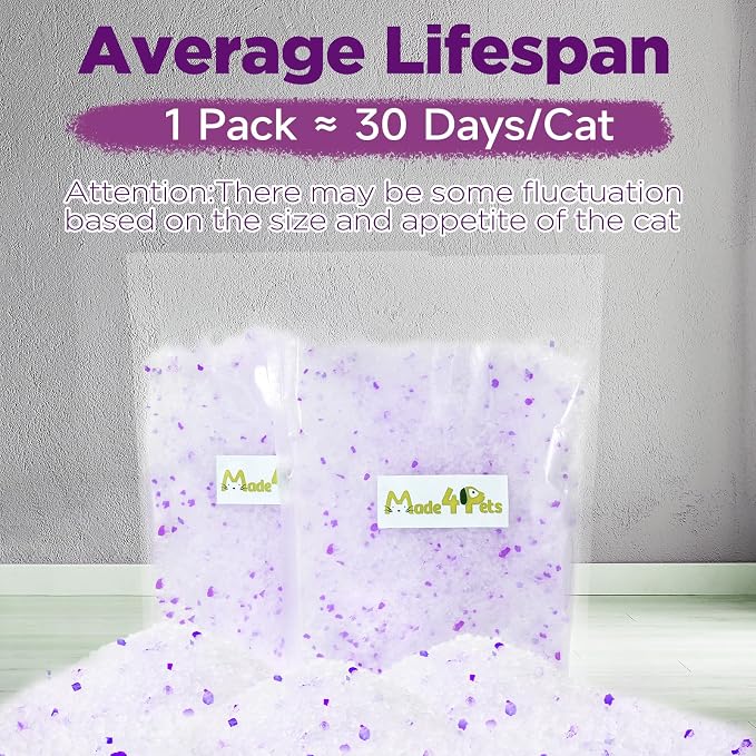 Made4Pets Cat Litter Crystals Kitty Litter Odor Control Crystal Litter Non Clumping No scooping Low Dust, Low Tracking, Lightweight, Dehydrates Waste,Lavender– 6.6 lbs (2 x 3.3 lb Packs)