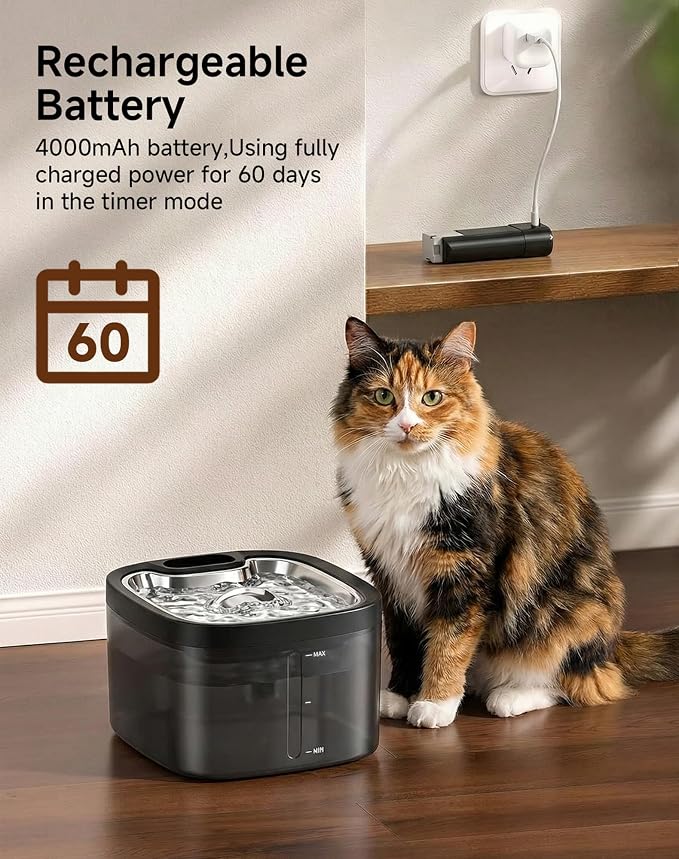 Cat Water Fountain Cordless: Battery Operated 118oz/3.5L Pet Water Fountain for Cats Indoor with Motion Sensor, Stainless Steel Tray, Ultra Quiet, Easy-to-Clean, Gifts for Cats, Dogs (8Filters)