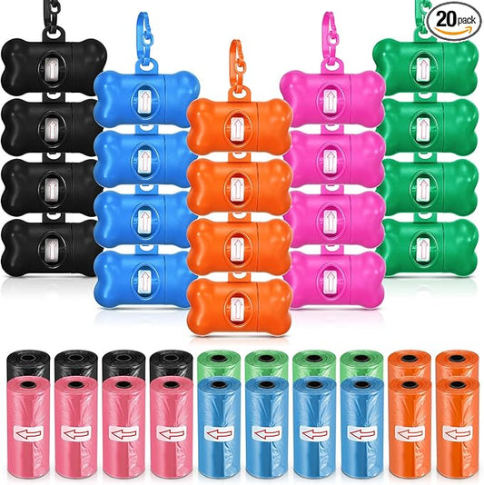 20 Pack Bone Shaped Poop Waste Bag Dispenser Dog Poop Waste Bag Holder Container with Clip Design Leakproof Dog Pet Waste Disposal Bags Doggy Cats Waste Bags for Outdoor Pet Supplies, 5 Colors