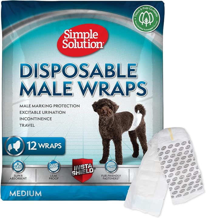 Simple Solution Disposable Dog Diapers, Wraps for Male Dogs, Puppy Diaper, Potty Training, Puppy Essential, Absorbent, Wetness Indicator, For Medium Pets, 15 – 23 Inch Waist (M,12 Count)
