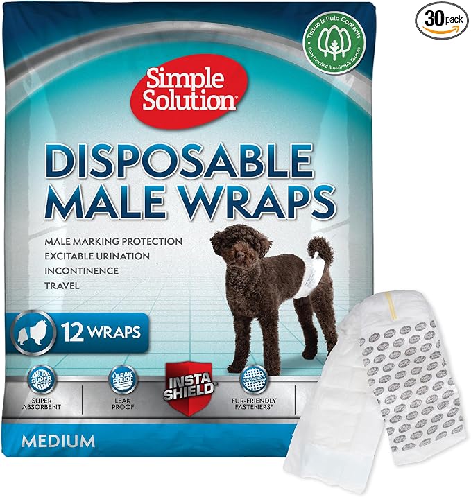 Simple Solution Disposable Male Wraps, Absorbent Leak Proof Belly Bands for Dogs, Incontinence Aid, Puppy Training, Marking Control, and Travel Protection, Medium Dogs, 15–23 Inch Waist, 30 Count
